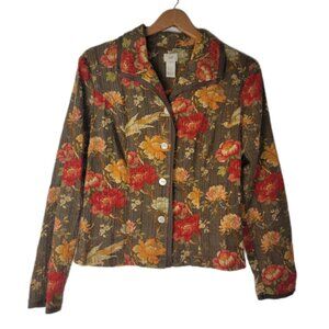 J. Jill Blazer waffle‎ knit texture button up floral bird coral women's size XS